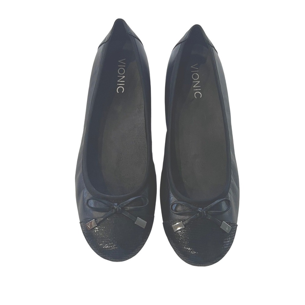 Vionic Minna Black Leather Cap Toe Ballet Flats Womens 8